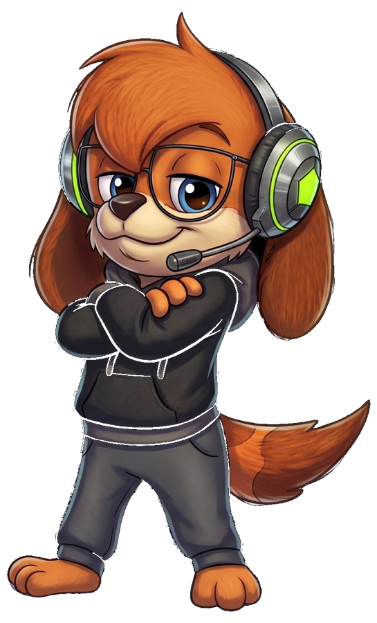 Glitchy Pup, an orange cocker-spaniel pup in a black hoodie and gaming headset, arms crossed.