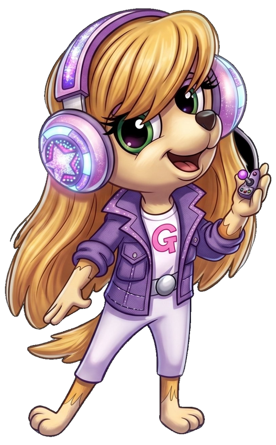 Glitzy Pup, a blonde pup in a purple jacket with sparkly pink headphones, holding a mini controller.